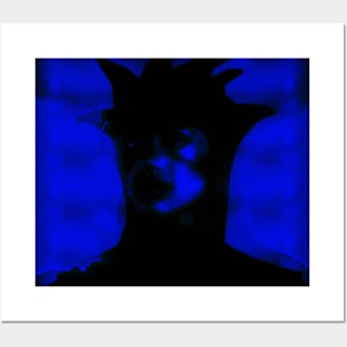 Beautiful girl in strange dark suit, with face mask. Blue, black. Dark. Posters and Art